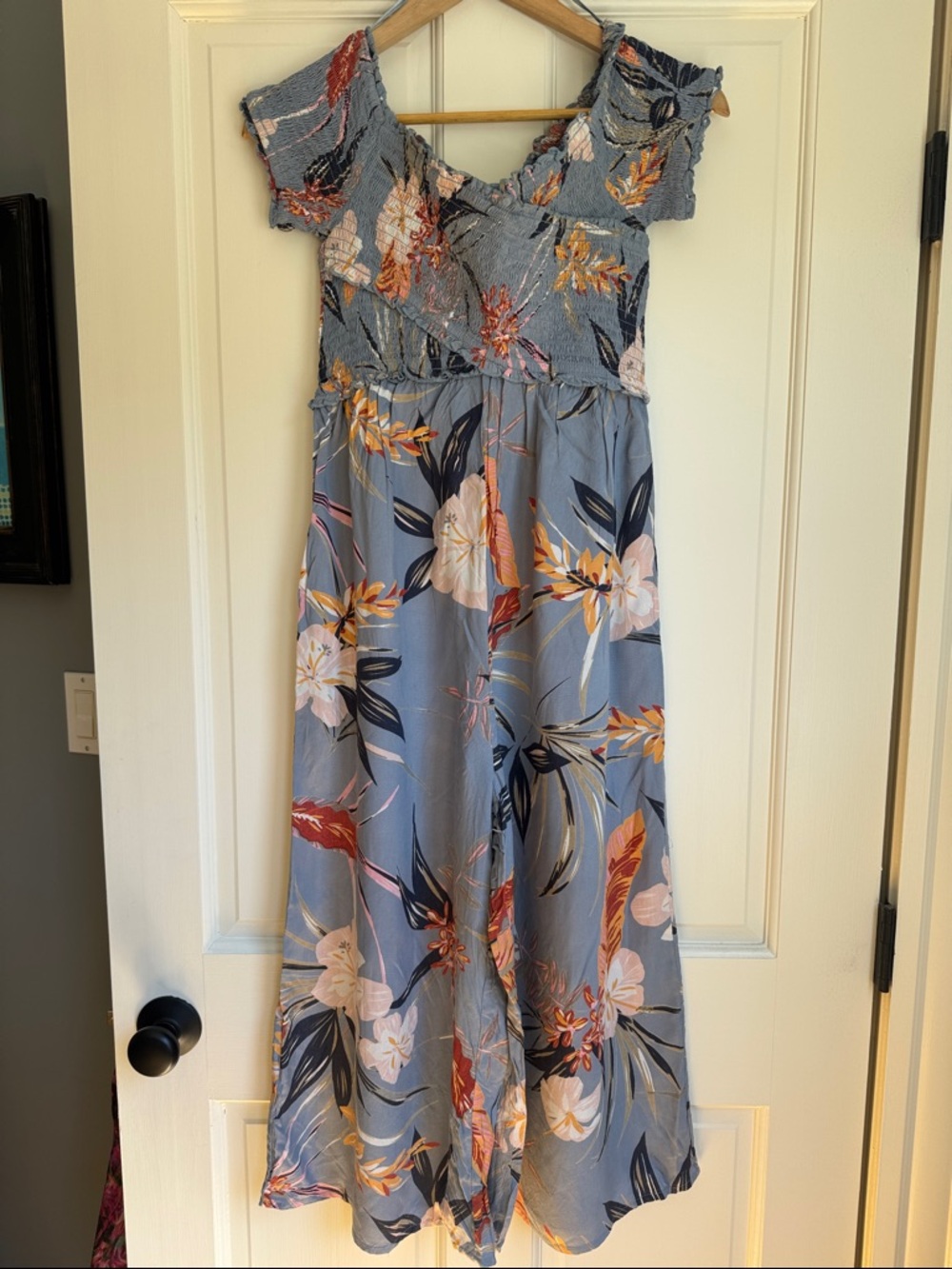 Patrons of Peace Blue Floral Smocked Wide Leg One Piece